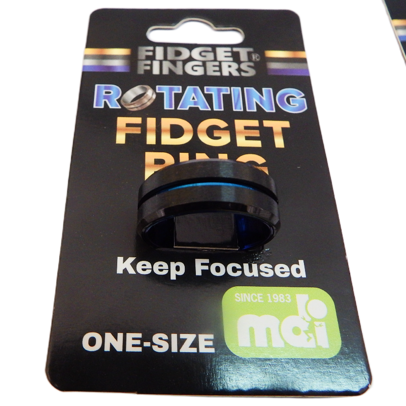 Fidget ring packaging with 'Fidget Fingers' branding on a black background