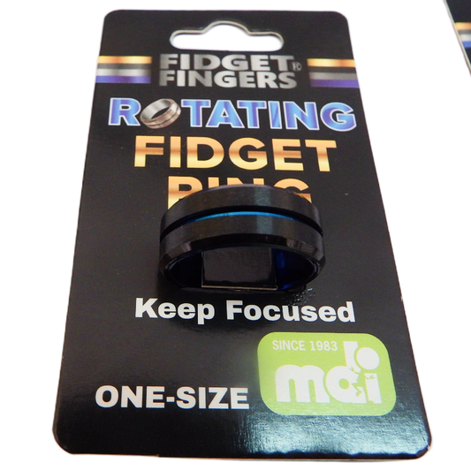 Fidget ring packaging with 'Fidget Fingers' branding on a black background
