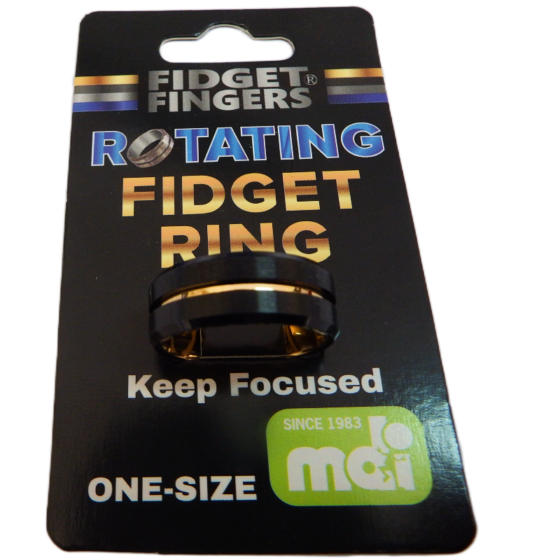 Fidget ring packaging with 'Fidget Fingers' branding on a black background