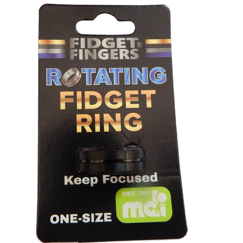 Fidget ring packaging with 'Fidget Fingers' branding on a black background