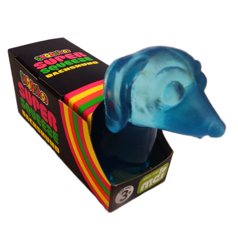 Blue rubber dachshund with packaging featuring colorful text on a white background