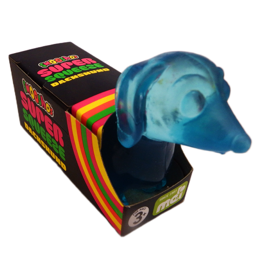 Blue rubber dachshund with packaging featuring colorful text on a white background