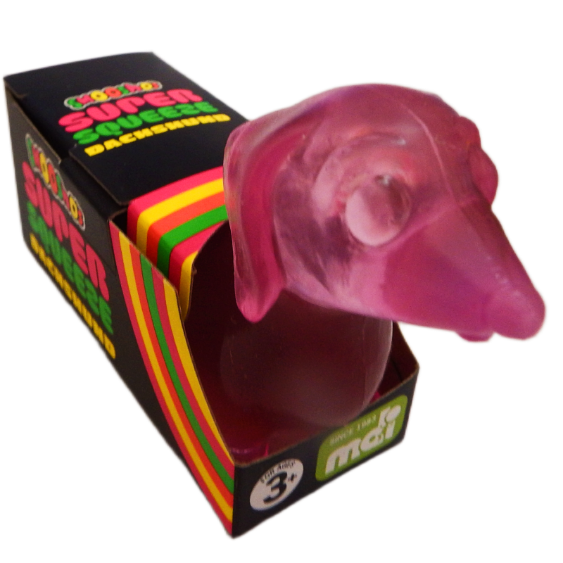Pink dachshund-shaped squeeze toy with colorful packaging on a white background