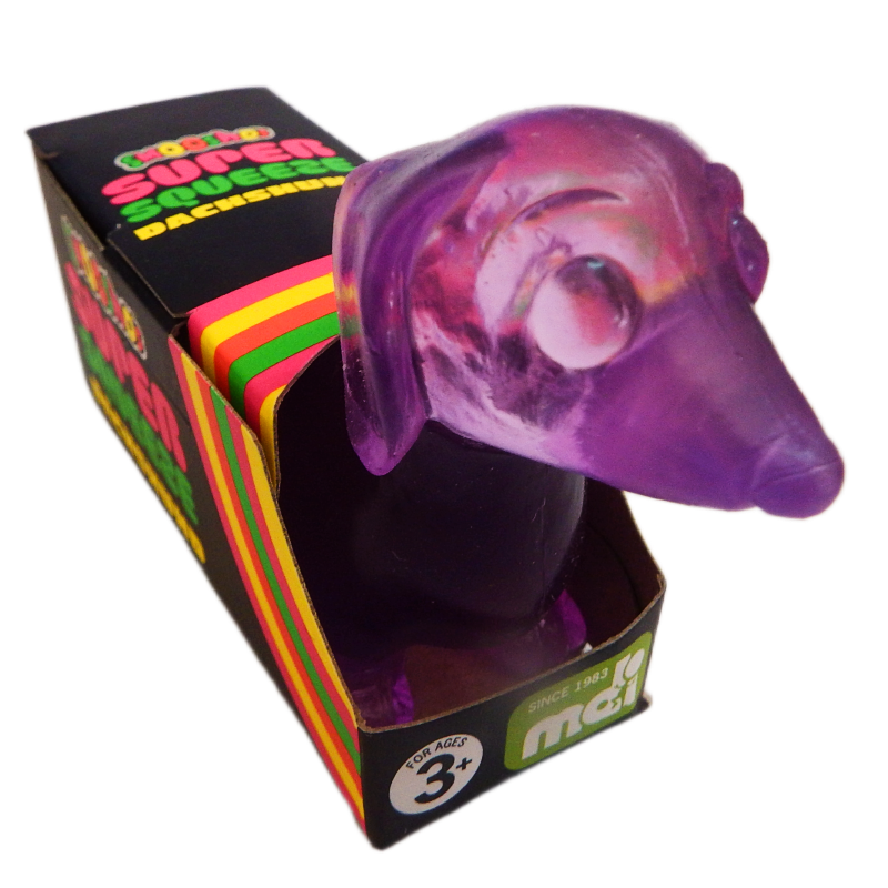 Purple dog-shaped toy with a colorful box on a white background