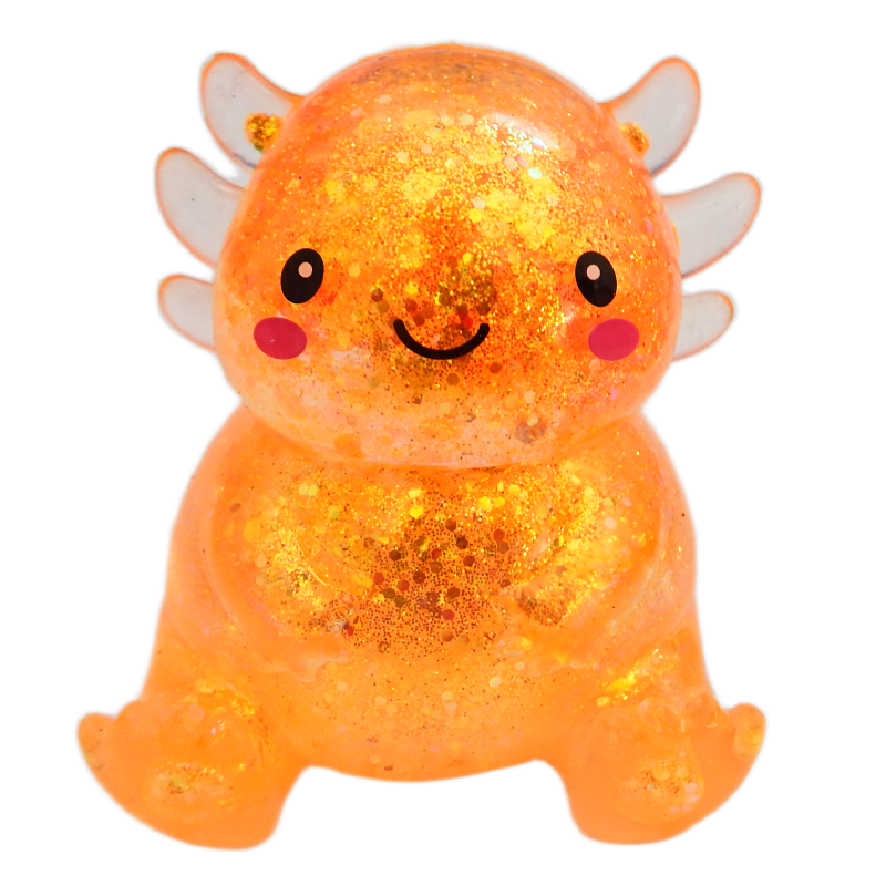 Glittery orange axolotl toy with a smiling face on a white background