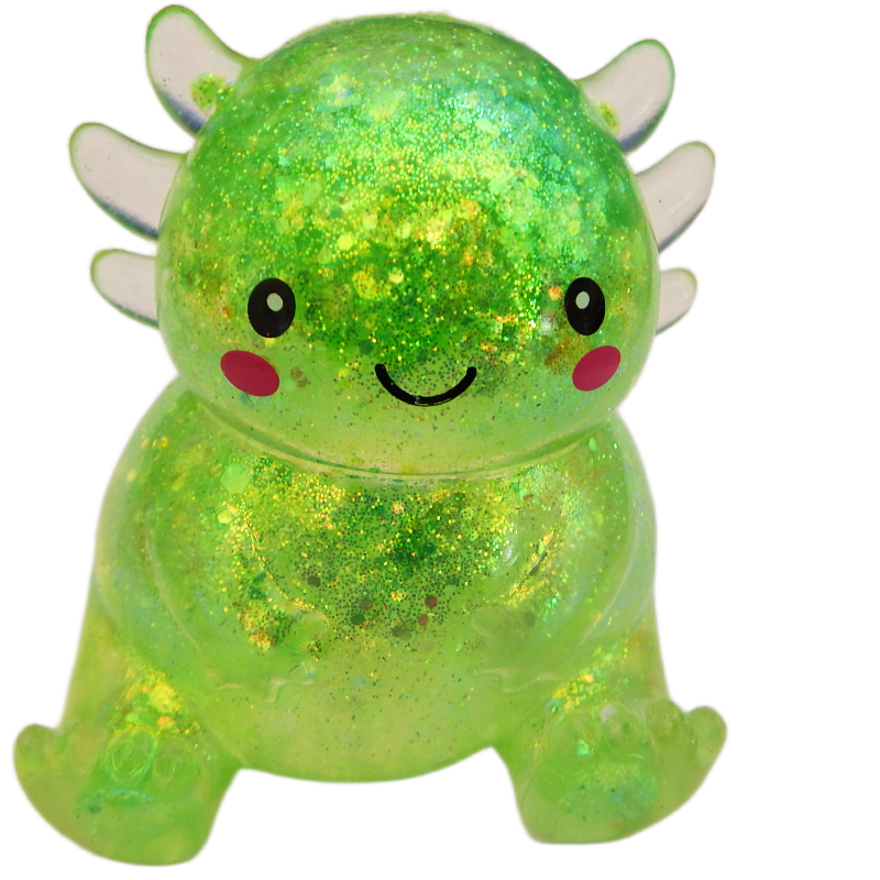 Glittery green axolotl creature with a smiling face on a white background