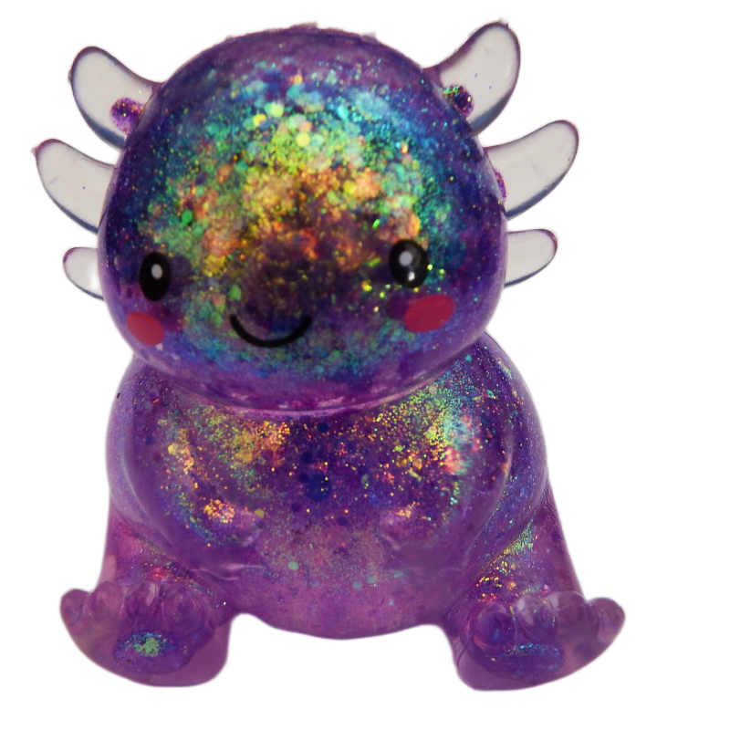 Glittery purple axolotl toy with a smiling face on a white background