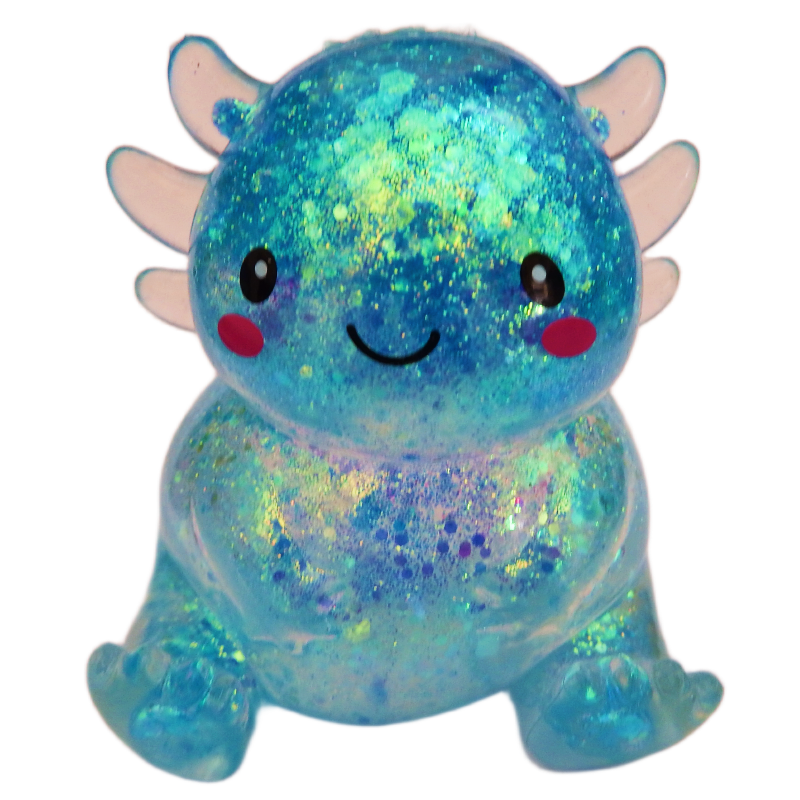 Glittery blue axolotl toy with a smiling face on a white background
