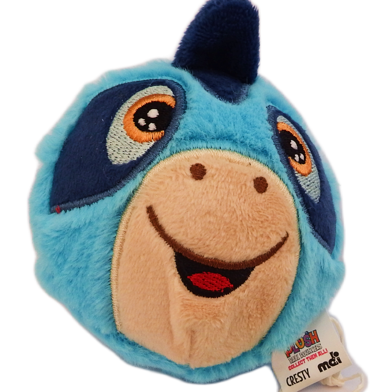 Blue plush toy with a smiling face on a white background