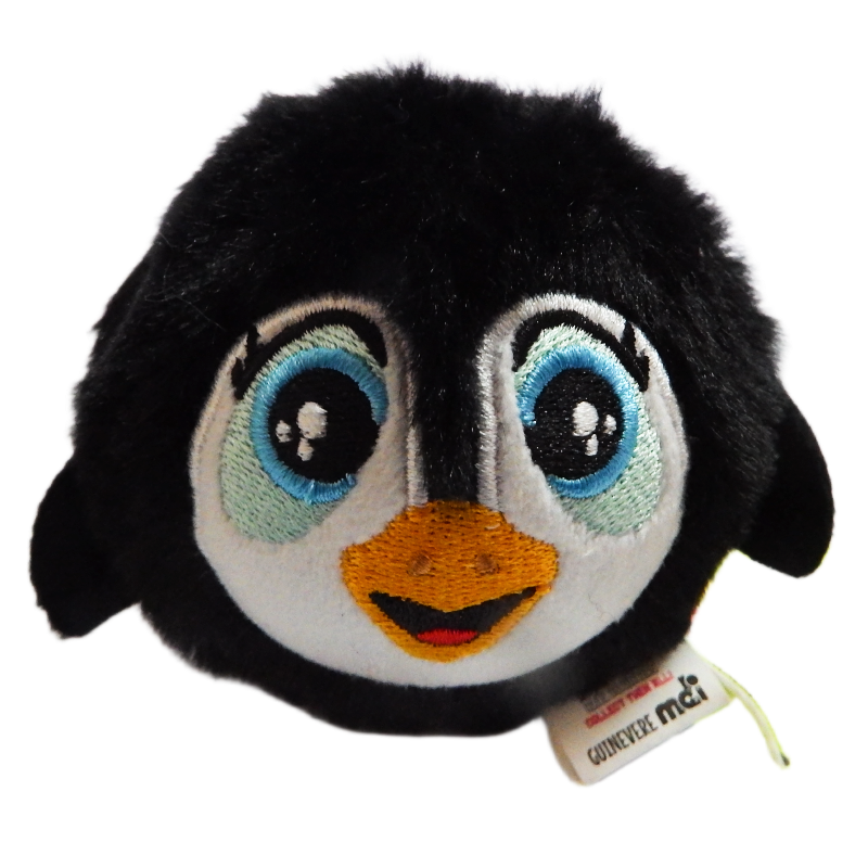 Plush penguin toy with a tag on a white background