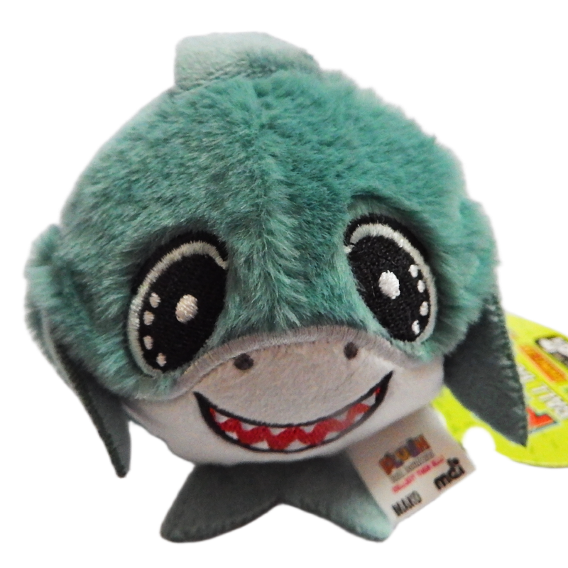 Plush shark toy with a tag on a white background