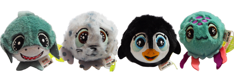 Four colorful sea creatures plush toys arranged in a row on a white background