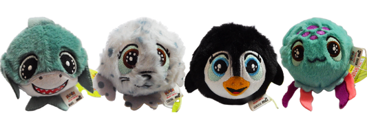 Four colorful sea creatures plush toys arranged in a row on a white background