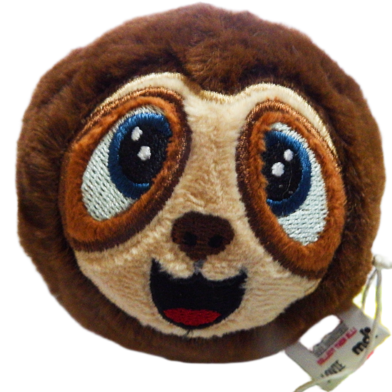Plush toy sloth head with tag on a white background