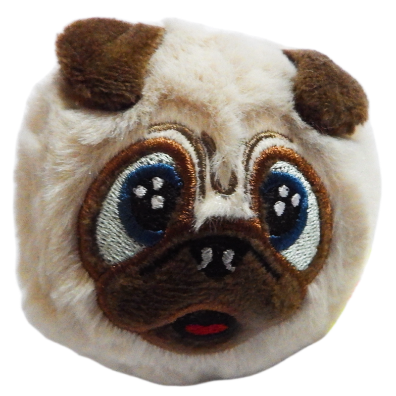 Plush toy with a pug face design on a white background