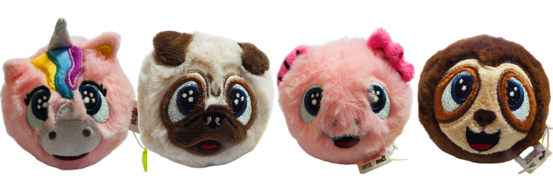 Five plush toys with animal faces on a white background