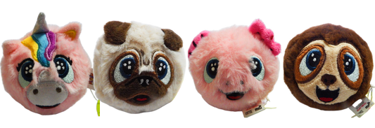 Five plush toys with animal faces on a white background