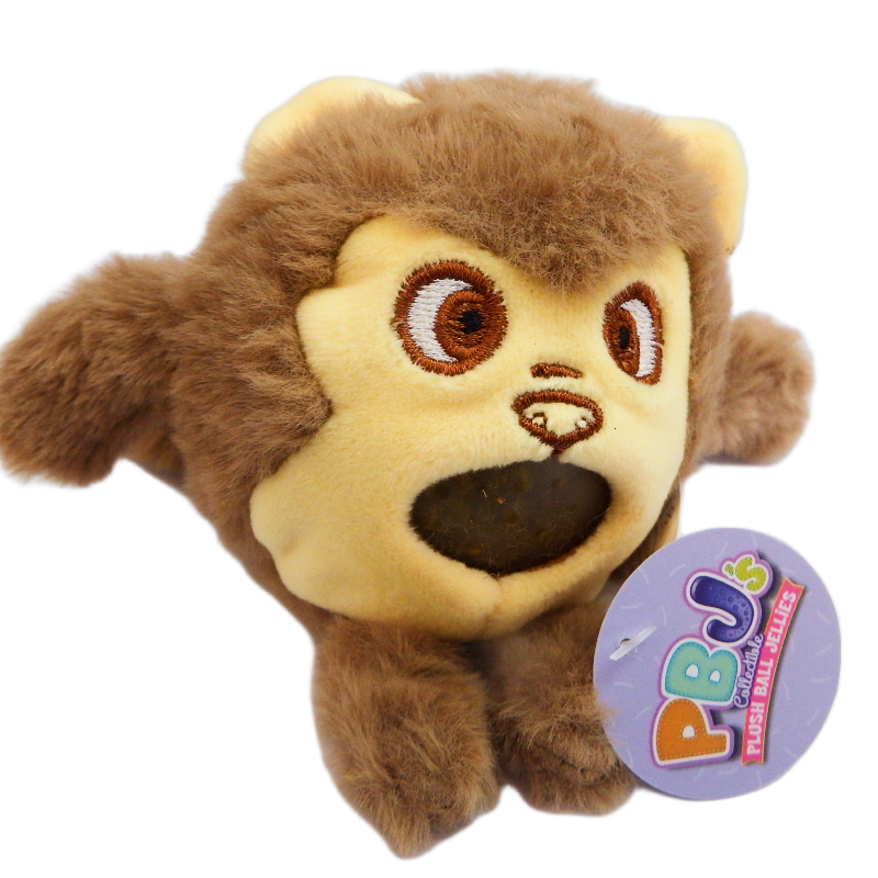 Plush monkey squishy toy with a visible 'PB&J's' tag on a white background