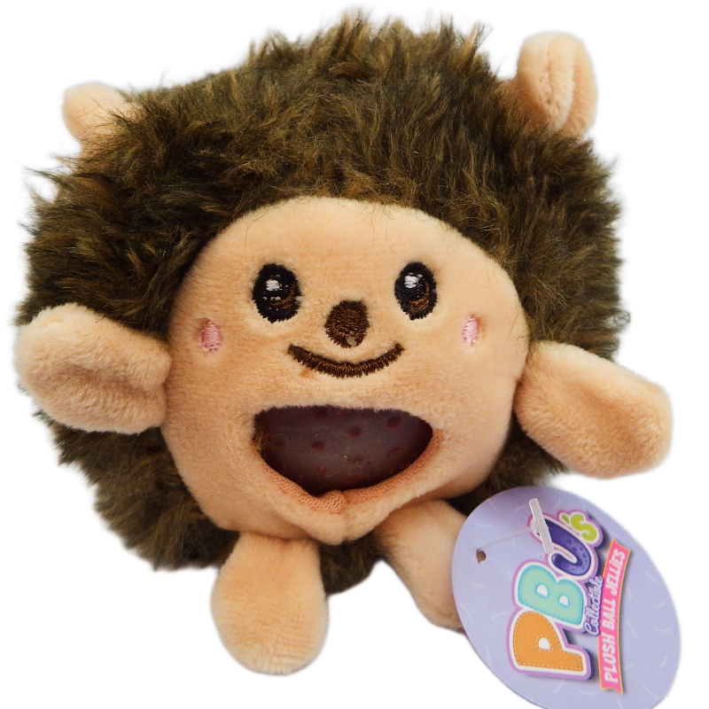 Plush hedgehog toy with a visible 'PB&J's' tag on a white background