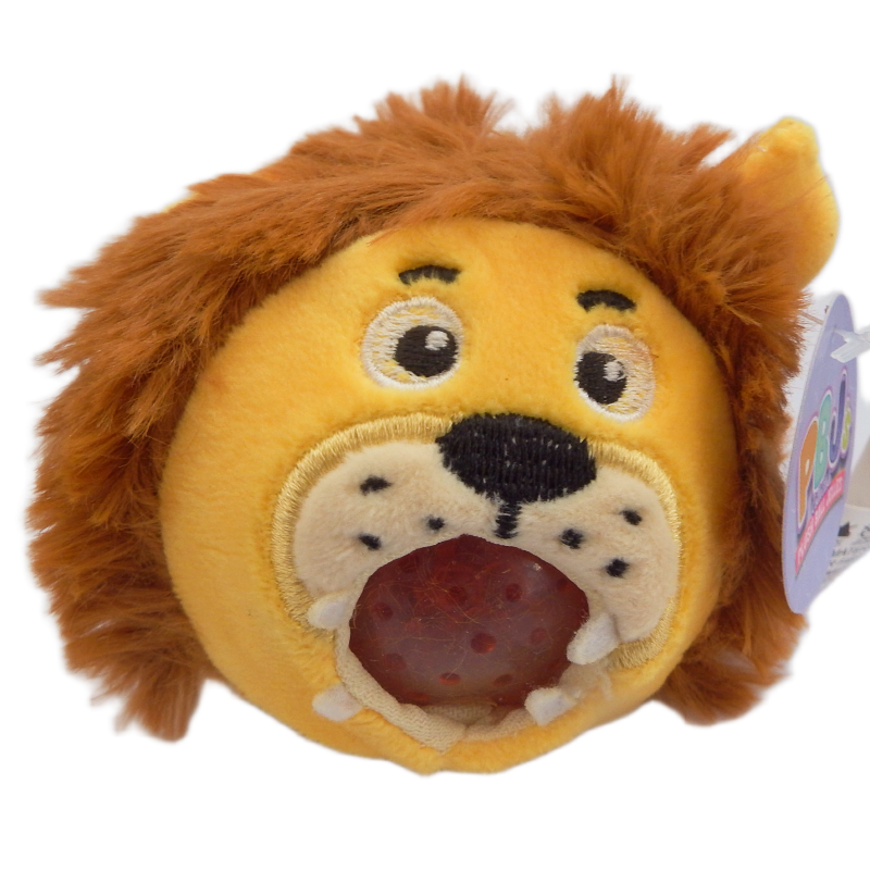 Plush lion toy with a tag on a white background