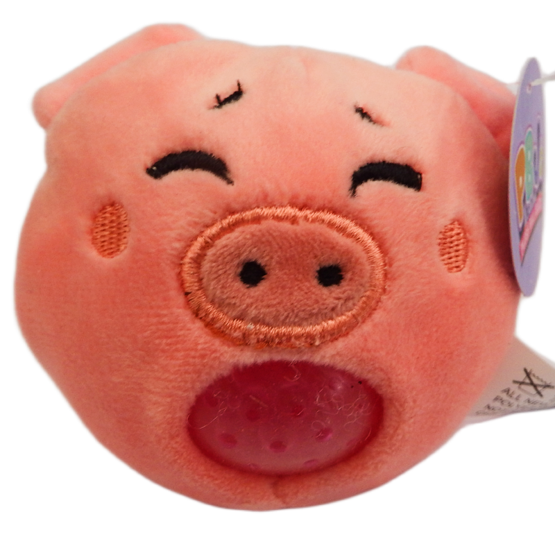 Plush pig toy with a tag on a white background