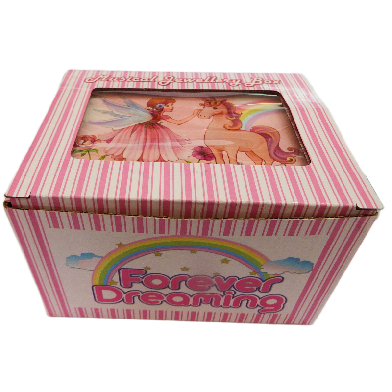 Pink striped box with a fairy and unicorn design and 'Forever Dreaming' text.
