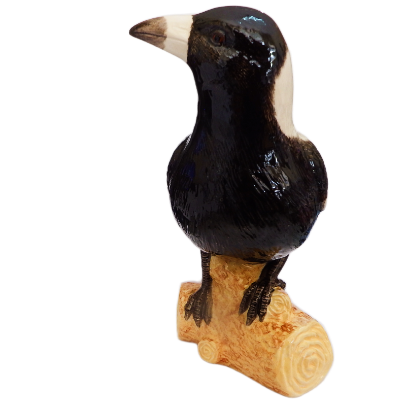 Australian magpie figurine on a wooden branch against a white background