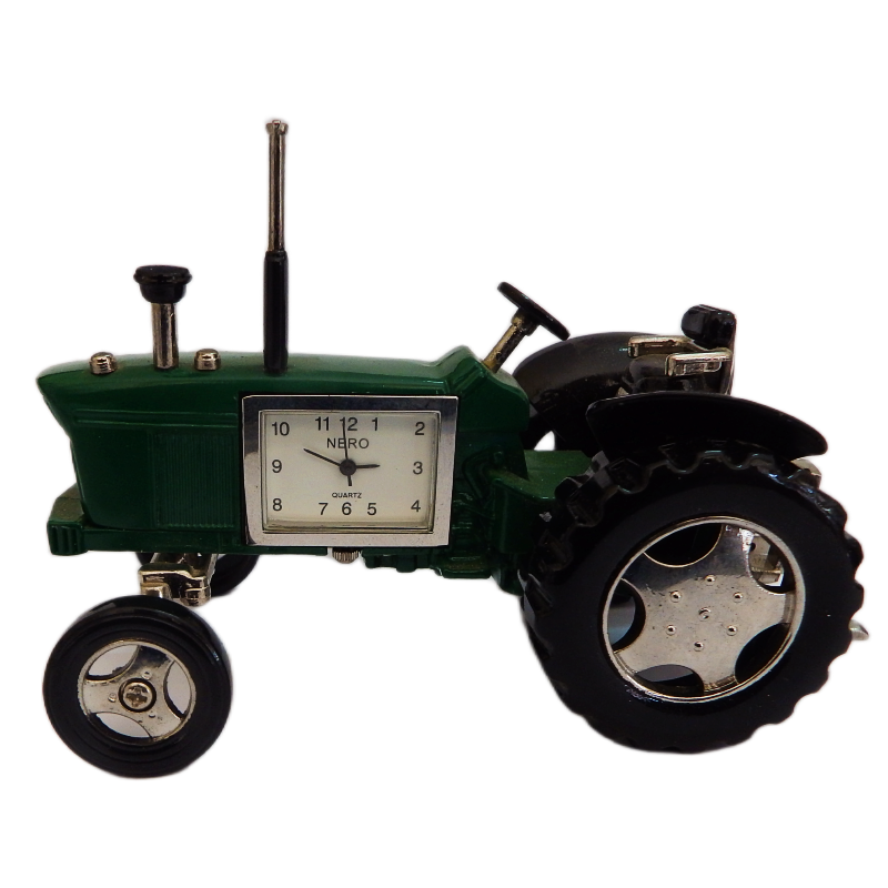 Green tractor-shaped clock on a white background