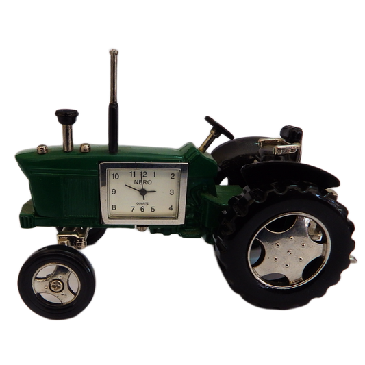 Green tractor-shaped clock on a white background
