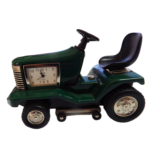 Green ride on lawn mower with a clock on a white background