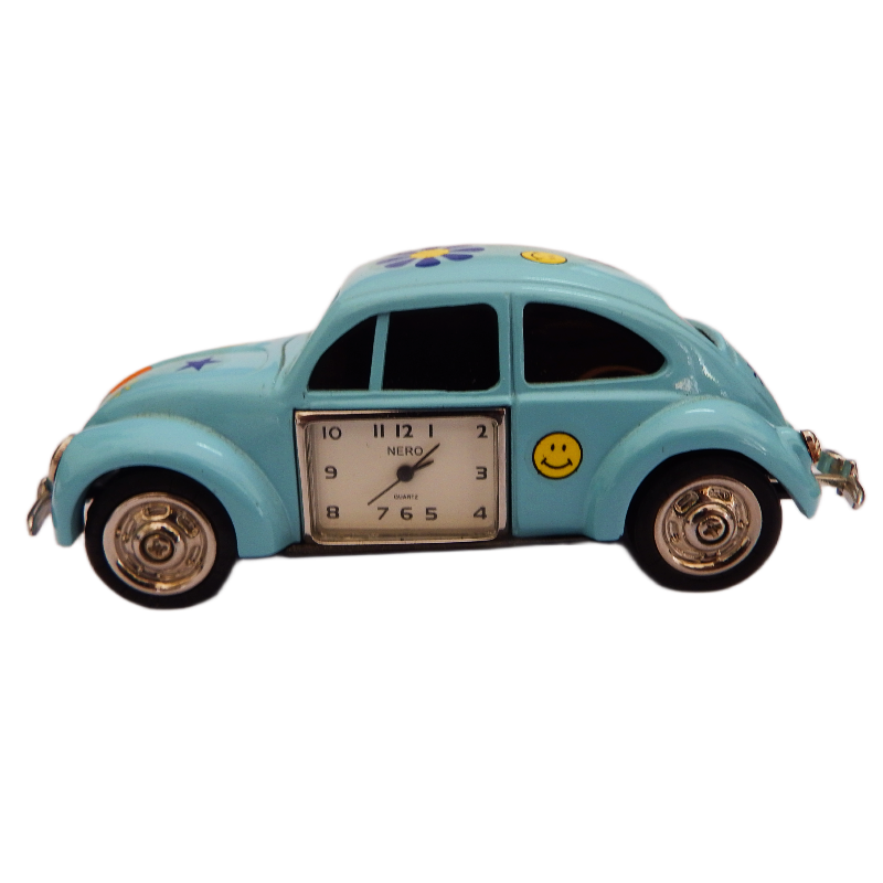 Image Sky Blue VW Beetle Nero Clock with Colored Icons on body against a white background
