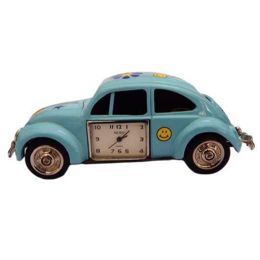Image Sky Blue VW Beetle Nero Clock with Colored Icons on body against a white background