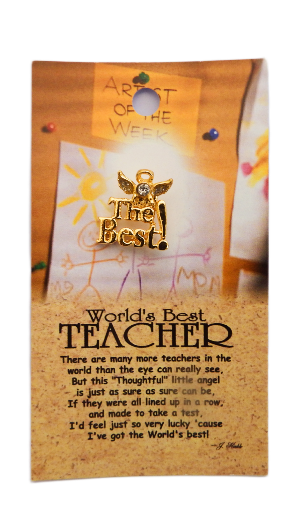 Pin with angel design and 'World's Best Teacher' text on a decorative card.