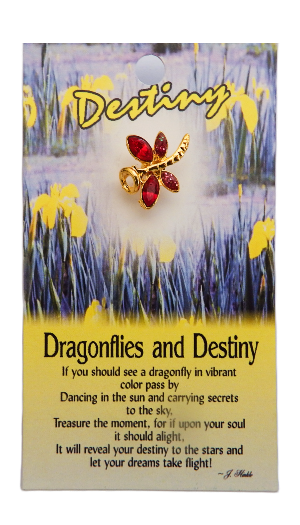 Dragonfly-shaped jewelry on a card with 'Destiny' text and nature imagery