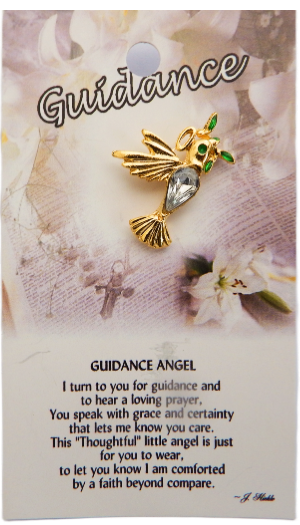 Gold angel dove with green crystal olive branch in its beak brooch with on a 'Guidance Angel' card with floral background