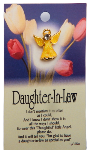 Yellow angel figurine with tulips and a quote for daughter-in-law on a card.