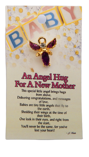 Angel charm on a card with text 'An Angel Hug For A New Mother' and decorative elements.