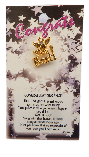 Gold angel pin on a congratulatory card with stars and text.