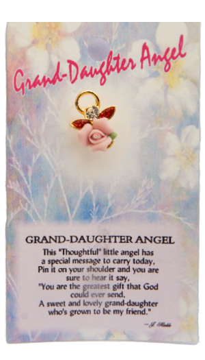 Card with angel design and text about a grand-daughter, featuring a rose and necklace.