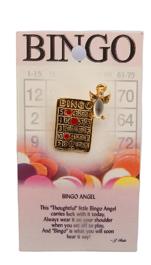 Bingo angel charm on a Bingo card packaging