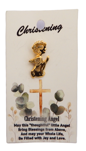 Gold angel figurine on a Christening card with cross and floral design.