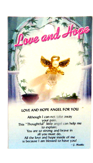 Card with an angel design and text about love and hope, featuring a clear crystal with golden angel figure.