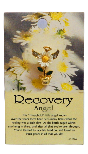 Recovery Angel charm on a card with flowers