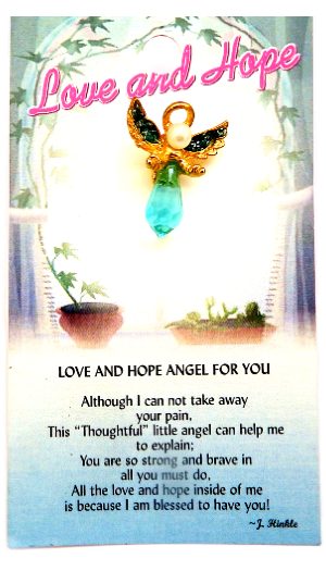 Angel with a blue teardrop on a card with 'Love and Hope' text and a quote.