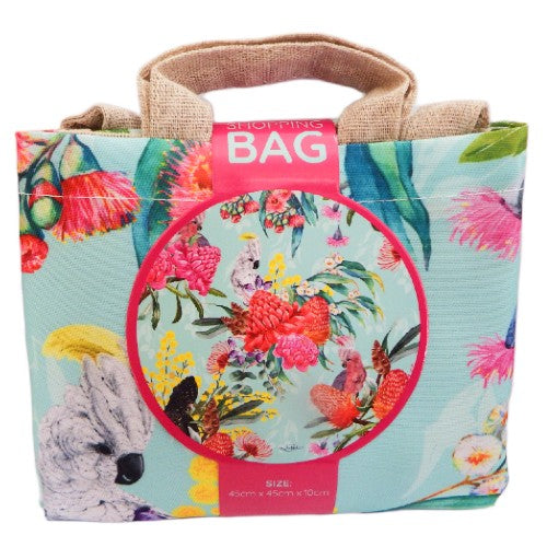 Floral shopping bag with bird  designs on a white background