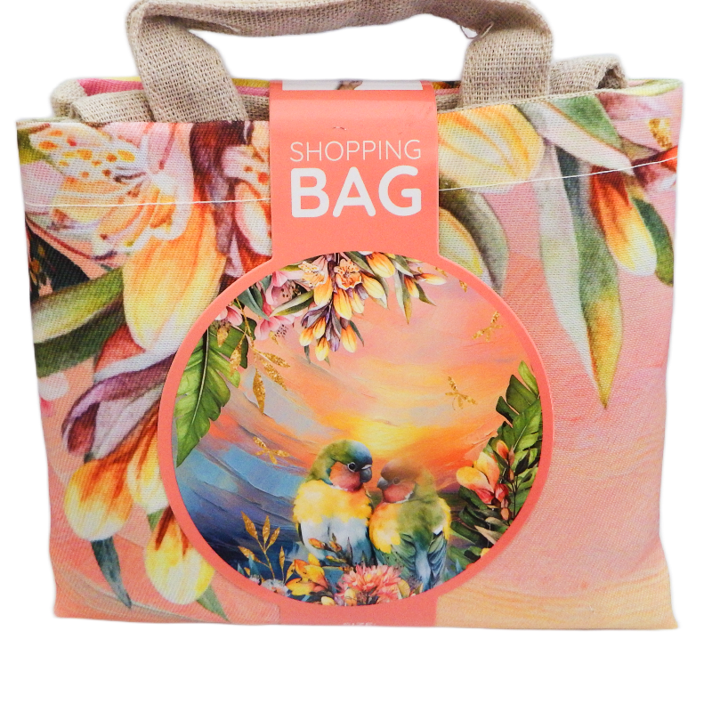 Floral and nature-themed love birds shopping bag with a visible brand label.