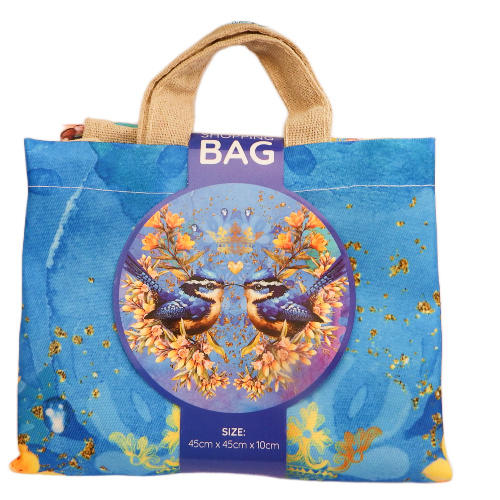 Blue shopping bag with royal Wren bird design and jute handles on a white background