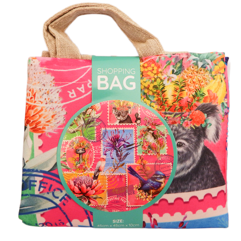 Colorful shopping bag with floral and animal design, featuring a patch of stamps.