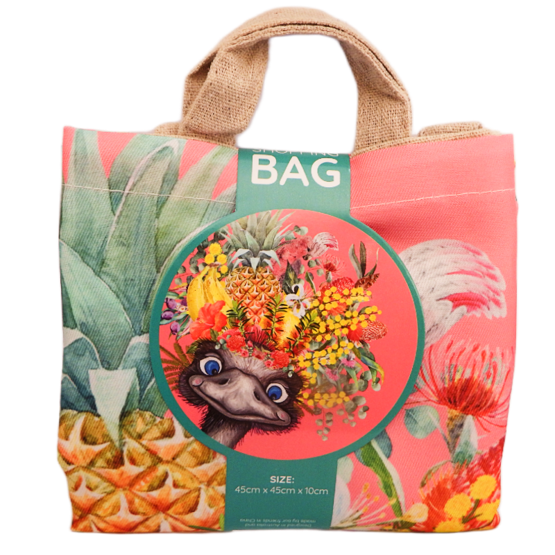 Tote bag with a colorful design featuring a emu bird and flowers on a white background