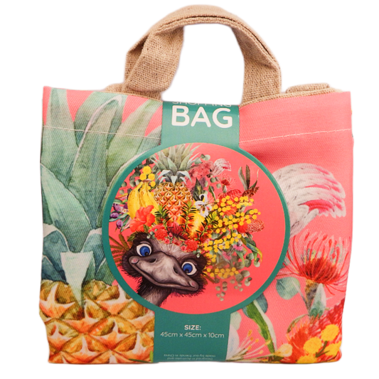 Tote bag with a colorful design featuring a emu bird and flowers on a white background
